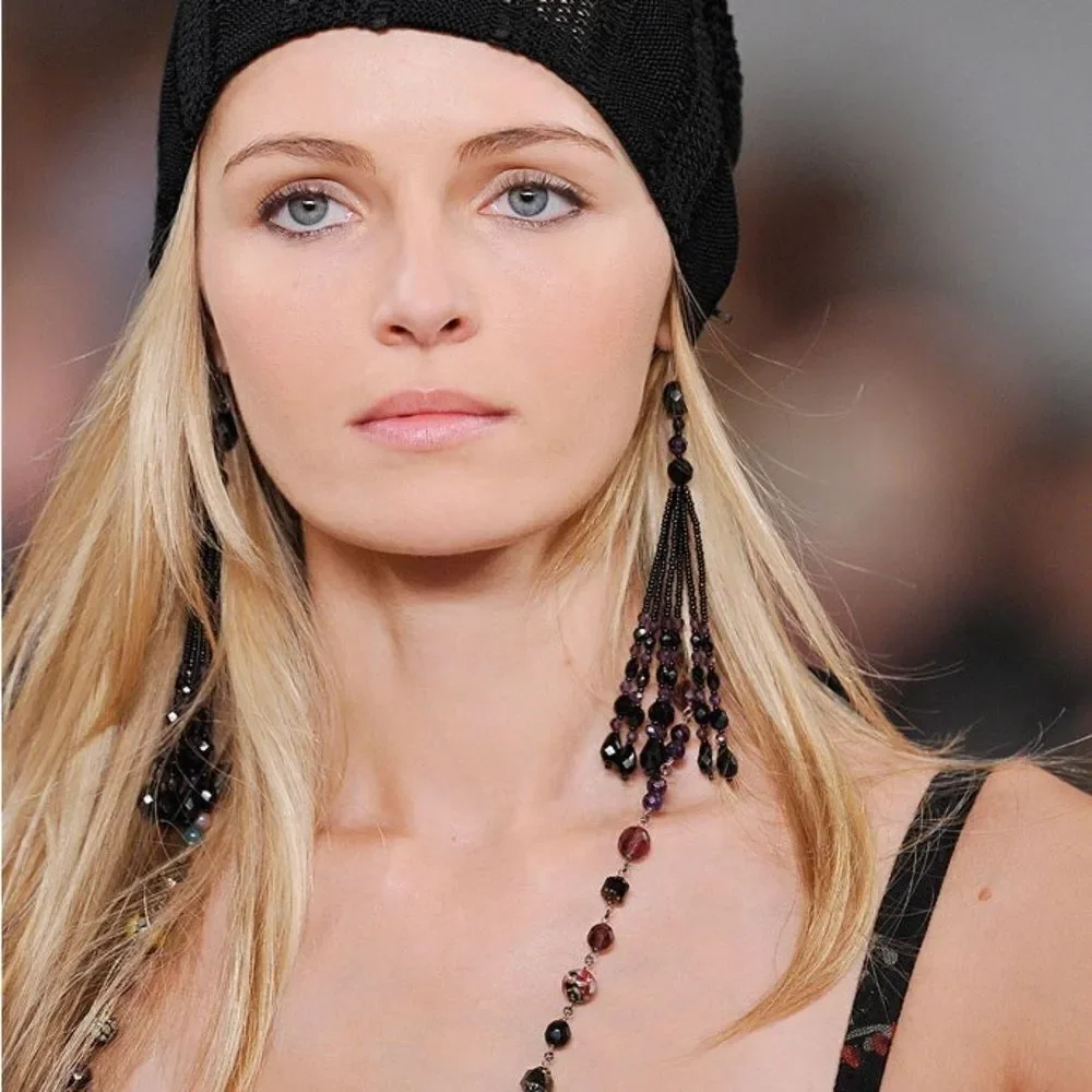 Ralph Lauren Black Cashmere Blend Jet Hematite Beaded Cable Knit Beanie